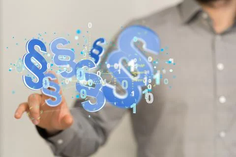 Man tapping on a 3D rendering of interconnected section sign and binary symbo Stock Photos