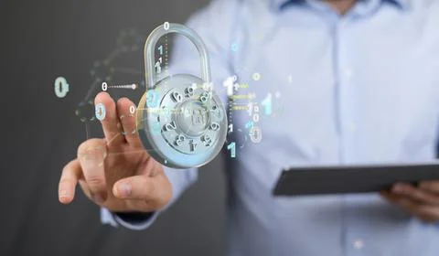 A man tapping on a 3D rendering of a lock with binary code - cybersecurity, p 스톡 사진