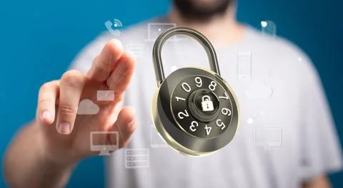 A man tapping on a 3D rendering of a lock, gadgets and communication apps ico Foto stock