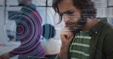 Man tapping and scrolling smartphone while analyzing code overlay in tech office Stock Footage 314475217