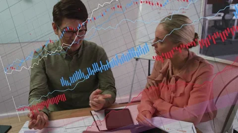 Man tapping binder while colleague analyzing finance charts, animated graphs Stock Footage 333301028