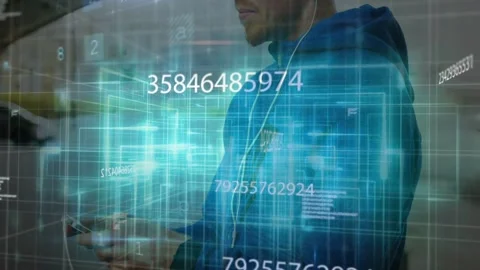 Man tapping device, initiating security data overlay revealing MALWARE strings Stock Footage 332613605