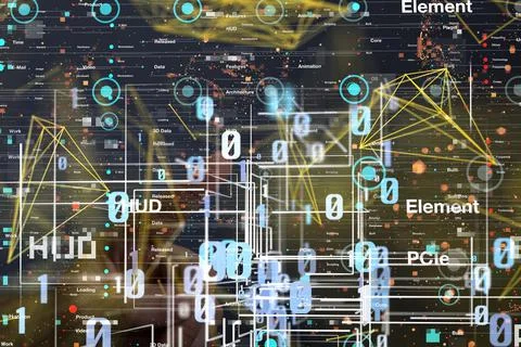 Man tapping a digital illustration of binary data and network Foto stock