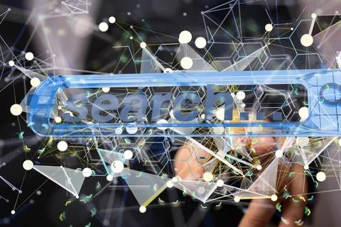 Man tapping on the digital render of floating network and search icon 库存照片