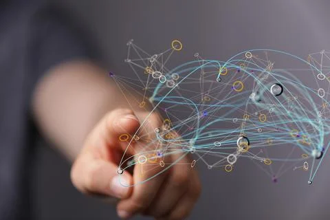 Man tapping a floating 3D rendered abstract network Stockfoto's