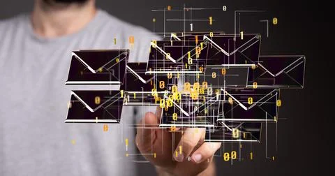 Man tapping floating 3D rendered mail icons with binary code Stock Photos