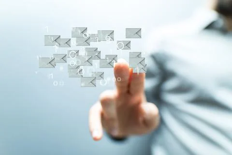 Man tapping a floating 3D-rendered email icons Stock Photos