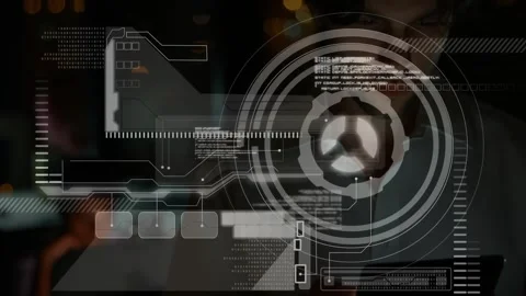 Man tapping handheld touchscreen and animating HUD reticle while analyzing code Stock Footage 330508719