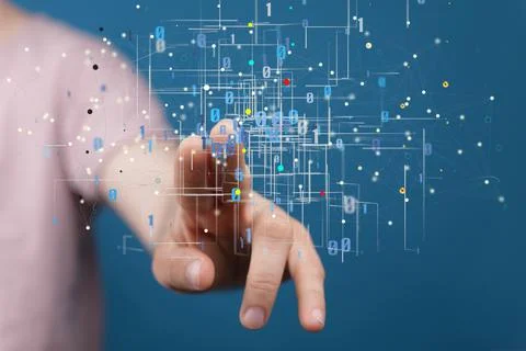 Man tapping on a hologram of binary codes - digital transformation concept Stockfoto's