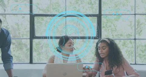 Man tapping holographic chart while tech team comparing laptop phone tablet data Stock Footage 317258640