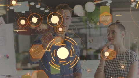 Man tapping hub starting orange HUD alignment, woman moving sticky notes on Stock Footage 333936843