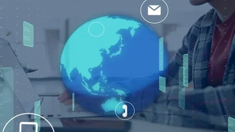 Man tapping keys starting holo globe over laptop rotating map, UI icons orbiting Stock Footage 335651723