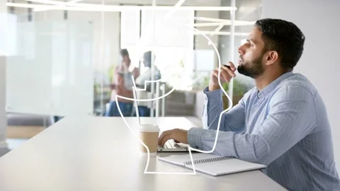 Man tapping laptop keyboard in office, activating outline, cloud, binary stream Stock Footage 334768419