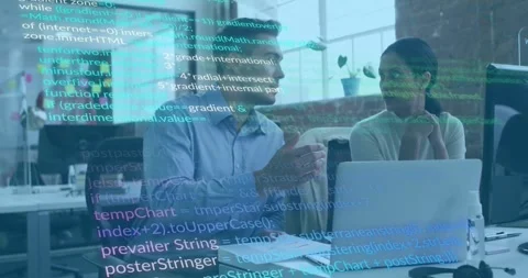 Man tapping papers and pointing to laptop, woman reviewing drifting code overlay Stock Footage 327803464