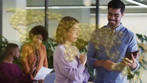 Man tapping phone, activating animated world-map overlay on torsos, woman Stock Footage 334322092