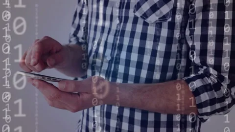 Man tapping phone, activating pulsing binary and network nodes over hands, Stock Footage 335281799