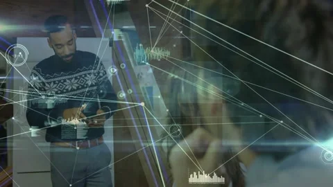 Man tapping phone, activating tech HUD overlay presenting graphs covering team, Stock Footage 331272398