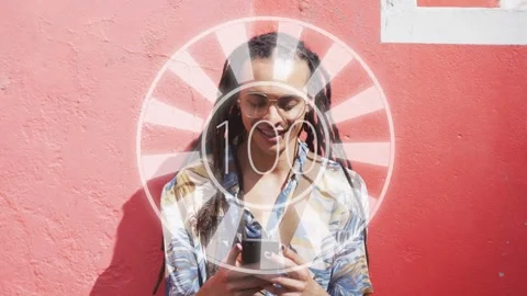 Man tapping phone and checking progress, tech overlay over chest or face showing Stock Footage 332545250