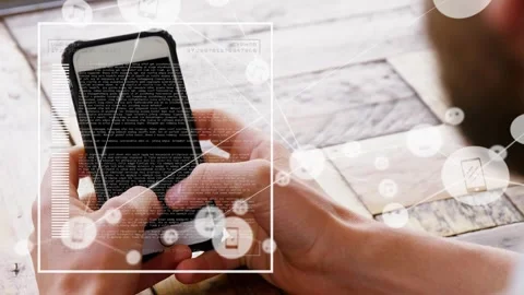 Man tapping phone and scrolling text at wooden table, expanding tech overlay and Vídeo Stock 329702301