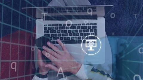 Man tapping phone and typing on laptop, initiating grid and sequential app icons Stock Footage 334743700
