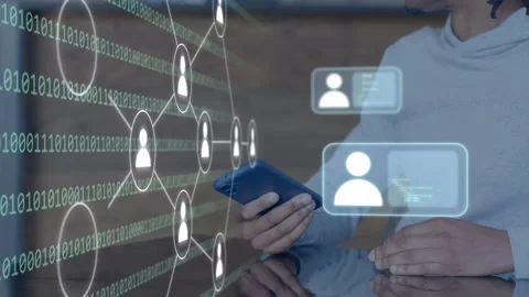 Man tapping phone animating tech network expanding stacking cards, woman Stock Footage 335255223