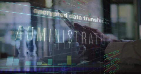 Man tapping phone in café initiating encrypted transfer with ADMINISTRATOR Stock Footage 312656617