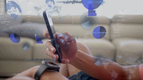 Man tapping phone, causing animated tech HUD fading in and growing around phone Stock Footage 333414184