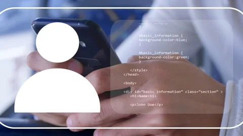 Man tapping phone, causing avatar left and code overlay sliding over hands, Stock Footage 335283021