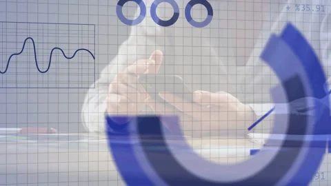 Man tapping phone causing bar-line graphs with progress rings, binary code for Stock Footage 334768739