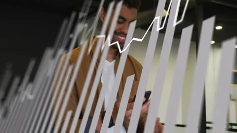 Man tapping phone, causing finance line graph sweeping into 3D bars while Stock Footage 334040499