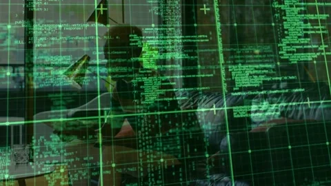 Man tapping phone on couch and leaning, analyzing code while green HUD Stock Footage 331270121