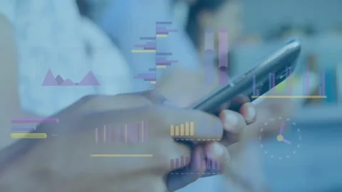 Man tapping phone in lobby, showing live charts, progress bars, clock dial, Stock Footage 335317385