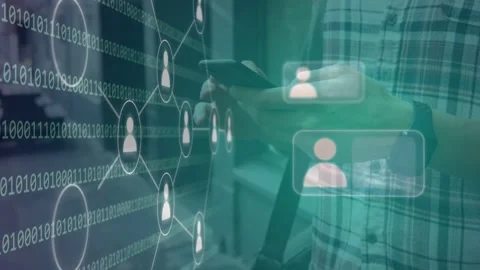 Man tapping phone, node graph expanding left, binary avatars forming chat web Video stock 335211811