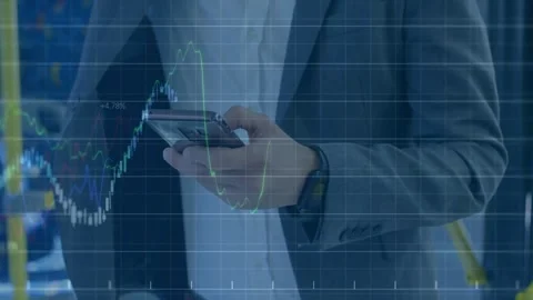 Man tapping phone on public bus, causing animated financial charts updating for Stock Footage 334114319