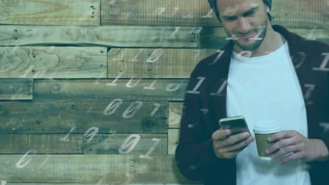 Man tapping phone, reading and sipping coffee by plank wall, tech overlay Stock Footage 333704508