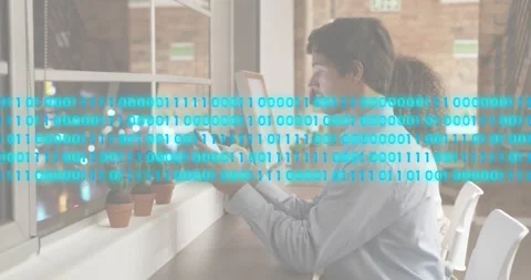 Man tapping phone screen in tech cafe, starting blue binary code overlay filling Stock Footage 318092691