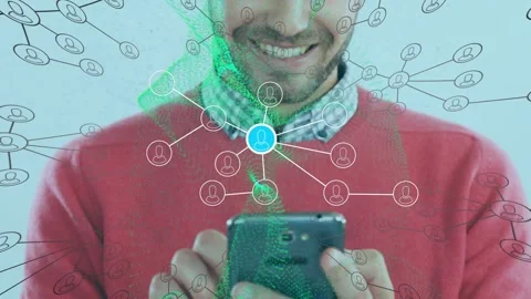 Man tapping phone, scrolling and smiling, network overlay pulsing node, sending 스톡 동영상 328584412