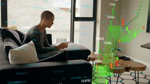Man tapping phone on sofa causing live finance data rising into 3D column for Stock Footage 333301188