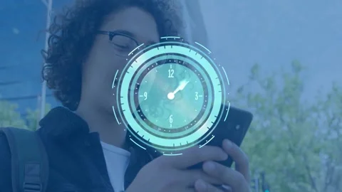 Man tapping phone, starting expanding clock HUD for tech, peaking, contracting, Stock Footage 331045995