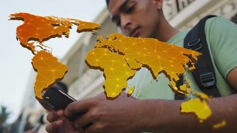 Man tapping phone, starting tech data search, golden network map overlaying Stock Footage 333463555