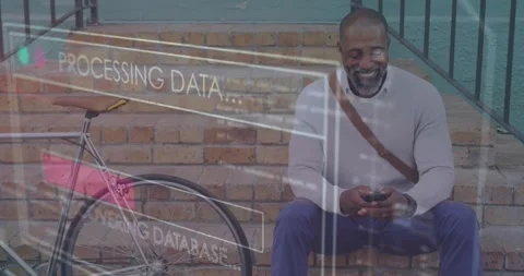 Man tapping phone on steps causing tech overlays sweeping over bike, processing, Stock Footage 330602733