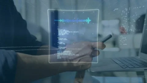 Man tapping smartphone, activating tech HUD overlays with charts, code and Stock Footage 331614338