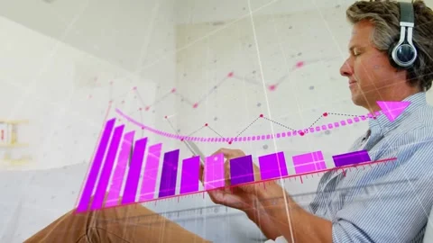 Man tapping smartphone, analyzing finance, projecting magenta 3D chart over lap, Stock Footage 333425943