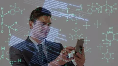 Man tapping smartphone and creating molecular overlays on torso, scrolling code, Stock Footage 333670835