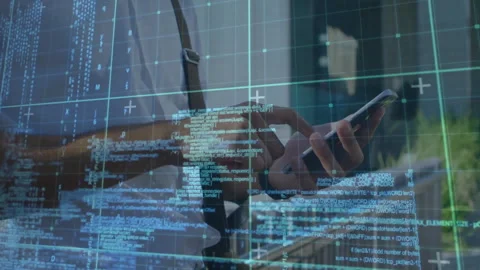Man tapping smartphone and entering data on office balcony while code overlay Stock Footage 313509631