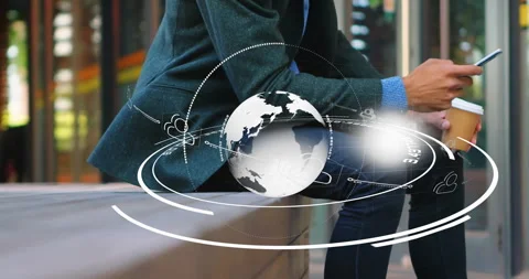 Man tapping smartphone and invoking holographic visualization on bench showing Stock Footage 310151467
