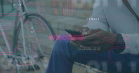 Man tapping smartphone and scrolling initiating pink tech overlay, binary Stock Footage 314174000