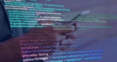Man tapping smartphone and scrolling code overlay reviewing JavaScript functions Stock Footage 317459674