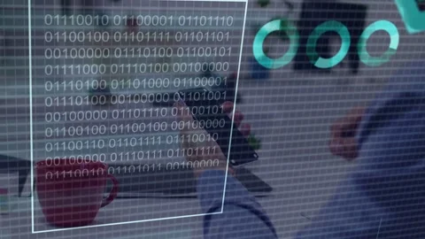 Man tapping smartphone, animating waveform, percents and binary into business Stock Footage 335211815