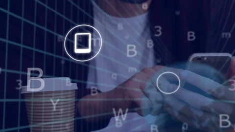 Man tapping smartphone in cafe, checking app network activity via tech grid and Stock Footage 335731872
